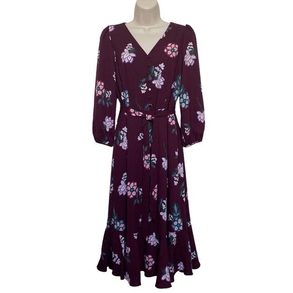 Talbots Crepe Fit & Flare Burgandy Floral Midi Dress Sz 4P NWT - Picture 1 of 9